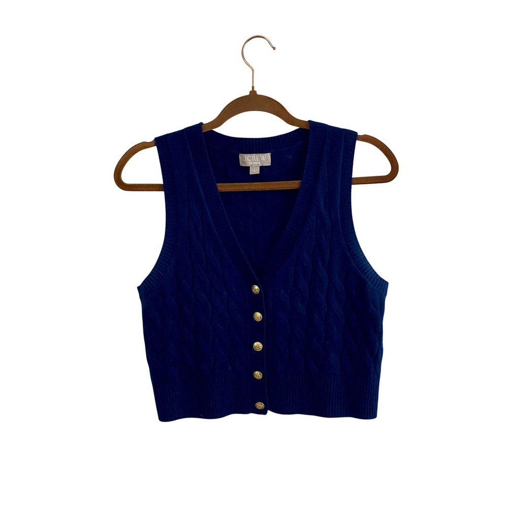 J Crew Cashmere Cropped Cable Knit Sweater Vest Navy Blue Gold Crest Button S